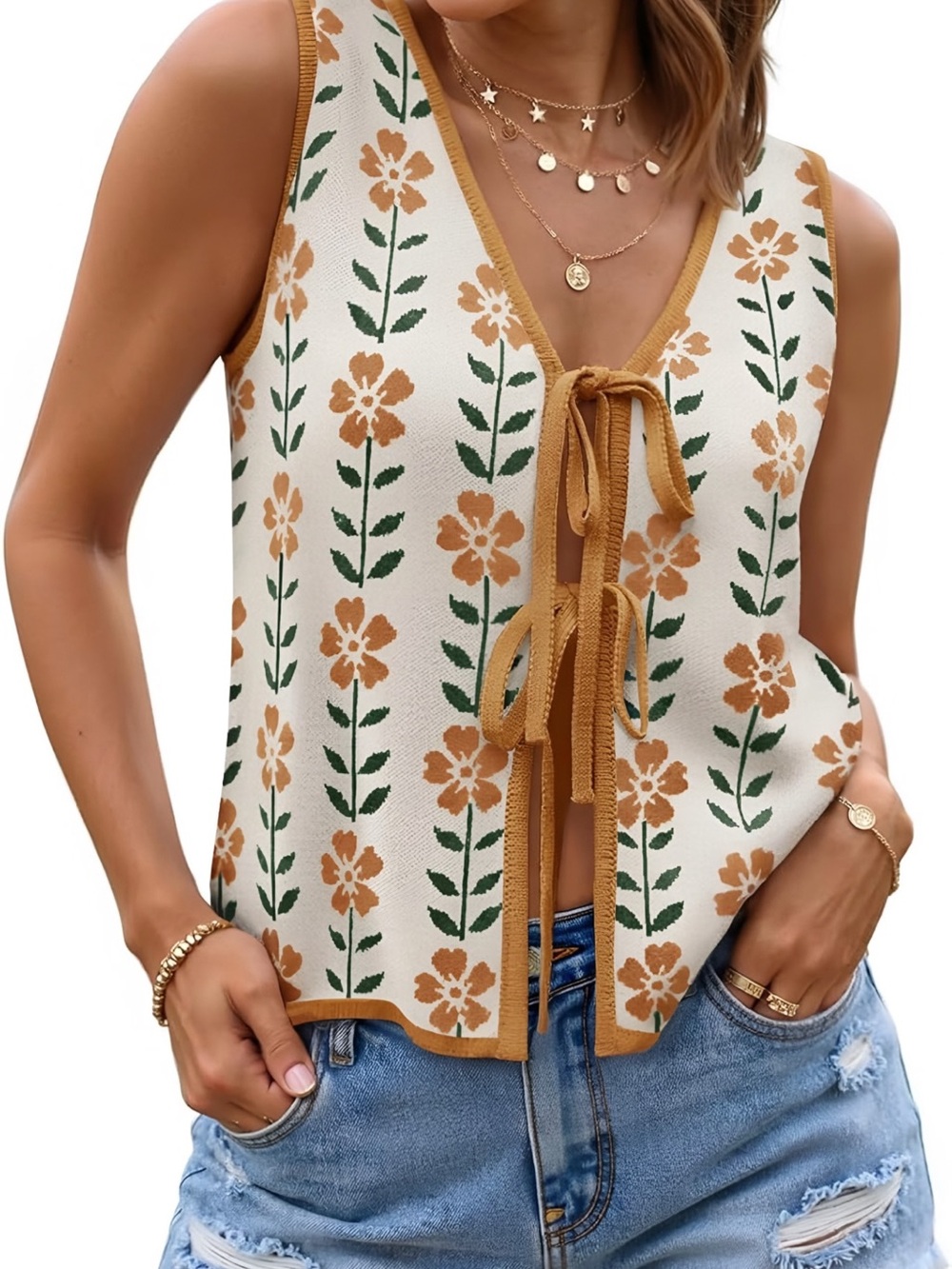 NWT Floral Knit Tie Front Sweater Vest Boho Cottagecore Size S